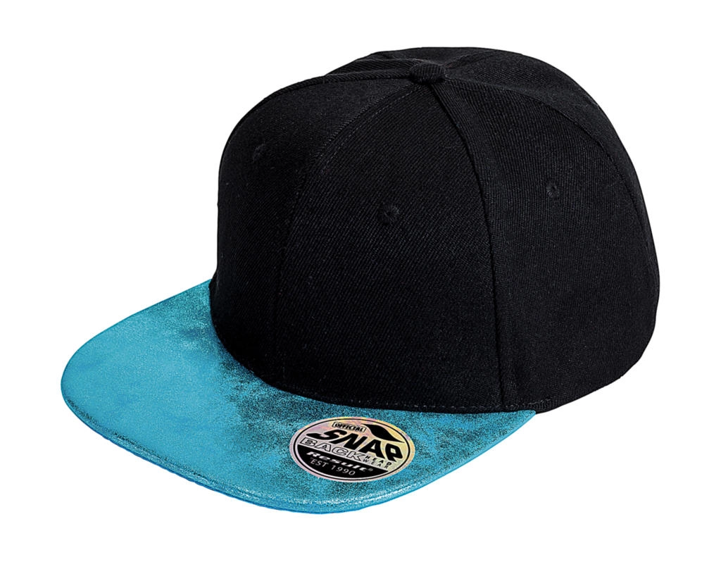 Bronx Glitter Flat Peak Snapback Cap  zum Besticken und Bedrucken in der Farbe Black/Turquoise mit Ihren Logo, Schriftzug oder Motiv.