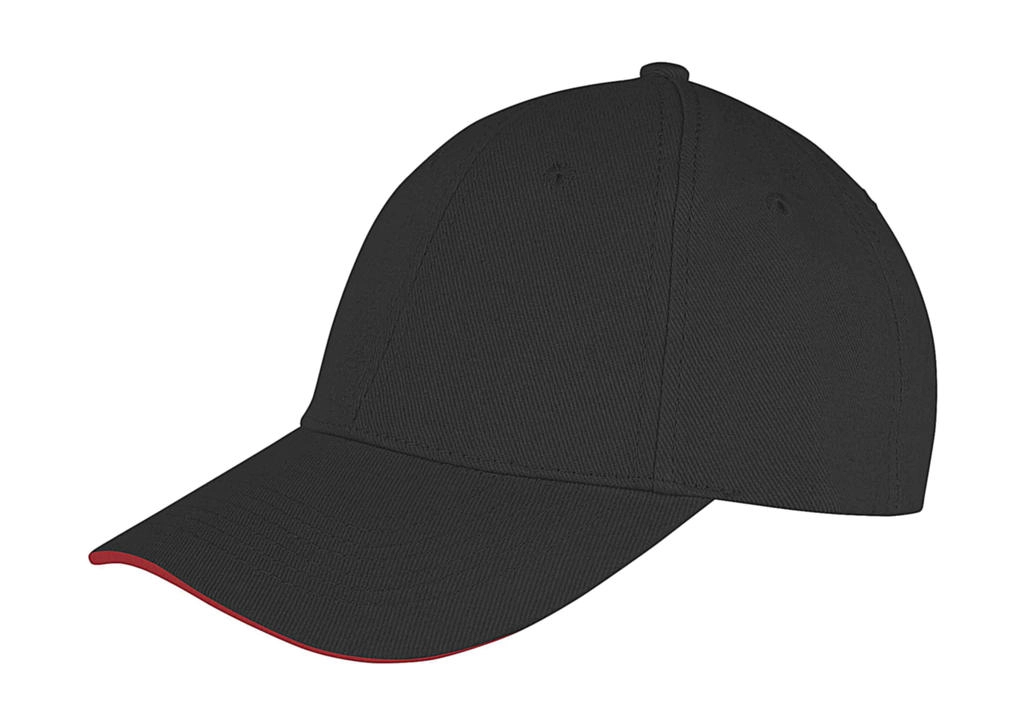 Memphis Low Profile Sandwich Peak Cap zum Besticken und Bedrucken in der Farbe Black/Red mit Ihren Logo, Schriftzug oder Motiv.