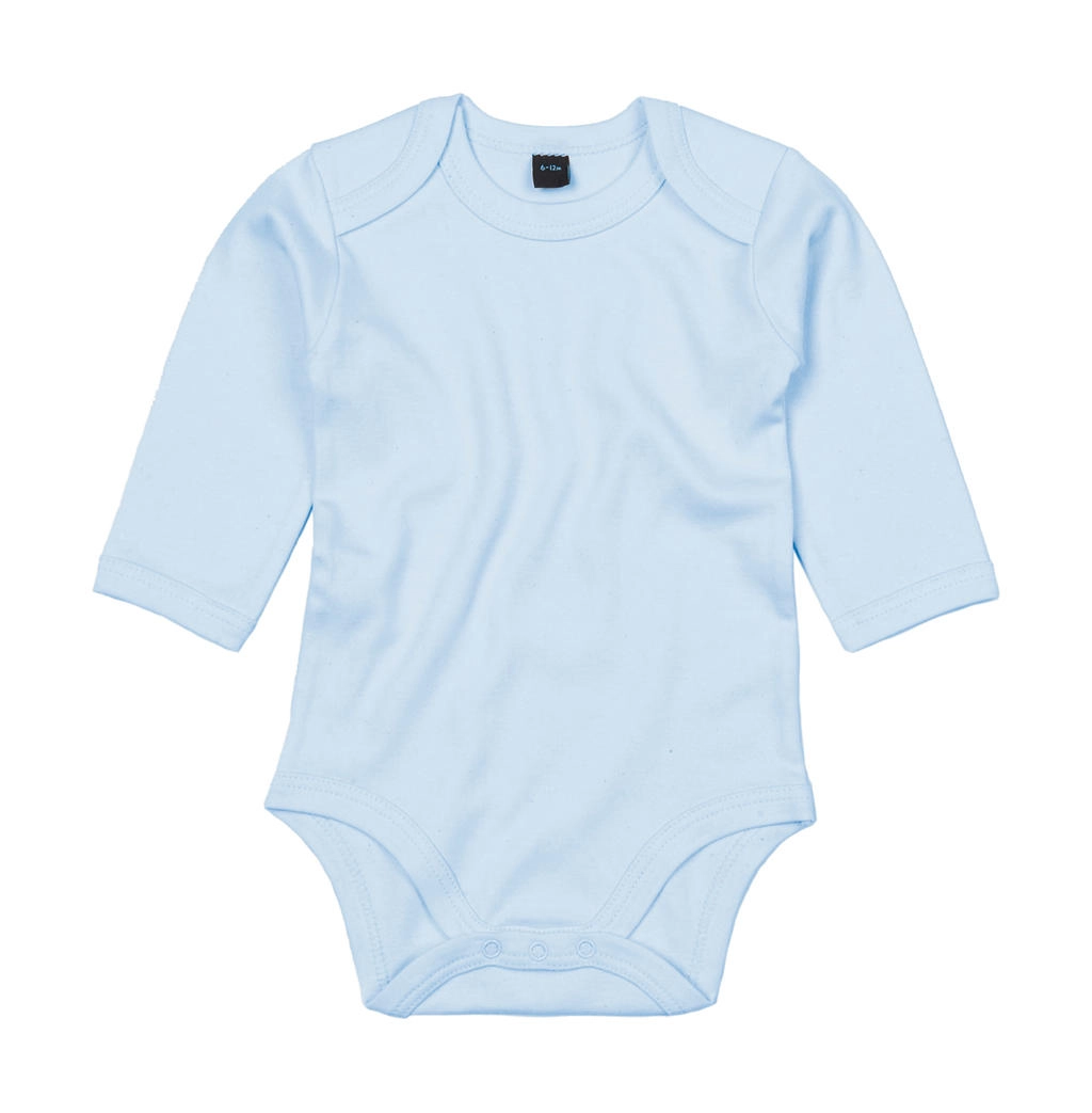 Baby long Sleeve Bodysuit zum Besticken und Bedrucken in der Farbe Dusty Blue mit Ihren Logo, Schriftzug oder Motiv.