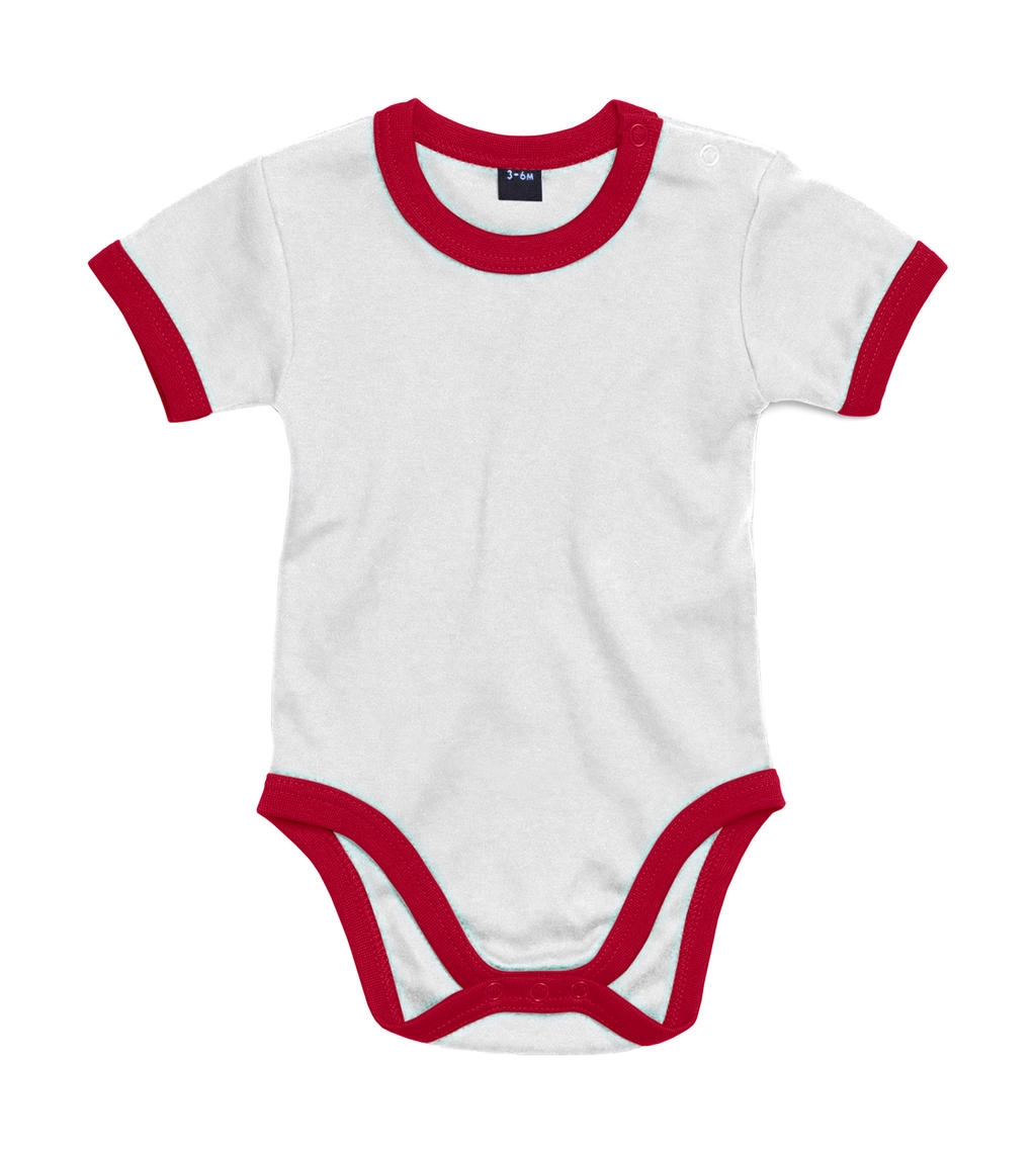 Baby Ringer Bodysuit zum Besticken und Bedrucken in der Farbe White/Red mit Ihren Logo, Schriftzug oder Motiv.