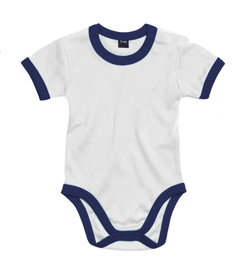 Baby Ringer Bodysuit zum Besticken und Bedrucken in der Farbe White/Nautical Navy mit Ihren Logo, Schriftzug oder Motiv.