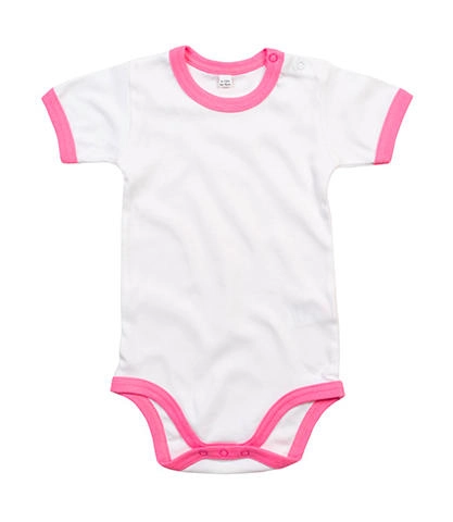 Baby Ringer Bodysuit zum Besticken und Bedrucken in der Farbe White/Bubblegum Pink Organic mit Ihren Logo, Schriftzug oder Motiv.