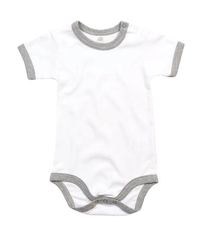 Baby Ringer Bodysuit zum Besticken und Bedrucken in der Farbe White/Heather Grey Melange mit Ihren Logo, Schriftzug oder Motiv.