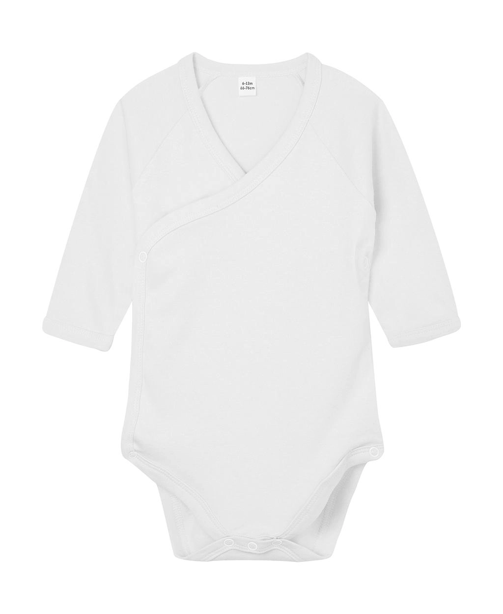 Baby Long Sleeve Kimono Bodysuit zum Besticken und Bedrucken in der Farbe White mit Ihren Logo, Schriftzug oder Motiv.