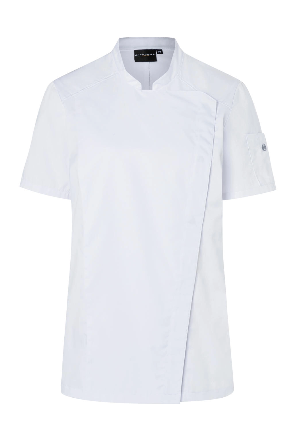 Short-Sleeve Ladies` Chef Jacket Modern-Look zum Besticken und Bedrucken in der Farbe White mit Ihren Logo, Schriftzug oder Motiv.