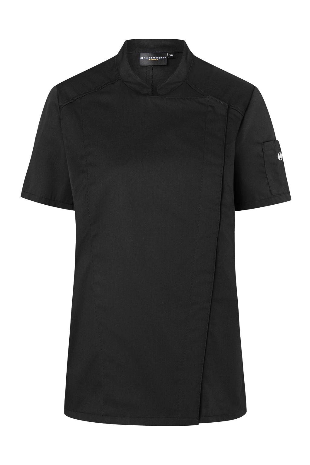 Short-Sleeve Ladies` Chef Jacket Modern-Look zum Besticken und Bedrucken in der Farbe Black mit Ihren Logo, Schriftzug oder Motiv.