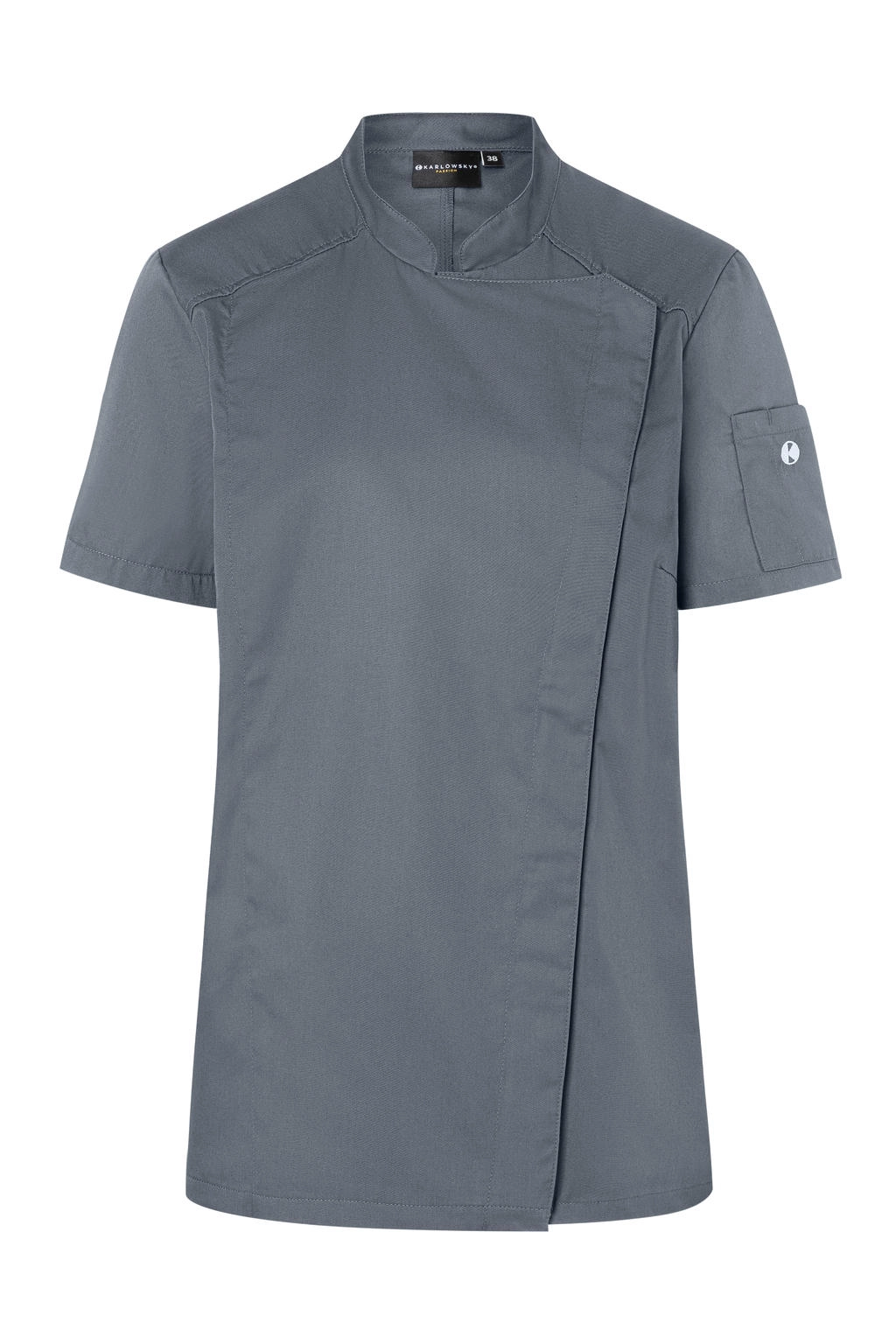 Short-Sleeve Ladies` Chef Jacket Modern-Look zum Besticken und Bedrucken in der Farbe Anthracite mit Ihren Logo, Schriftzug oder Motiv.