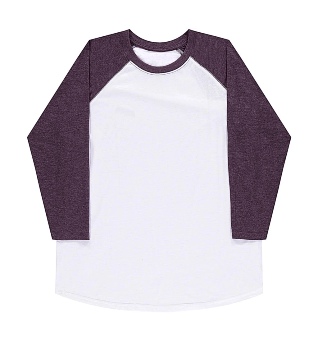 Jesse Unisex Baseball T-Shirt zum Besticken und Bedrucken in der Farbe White/Vintage Purple mit Ihren Logo, Schriftzug oder Motiv.