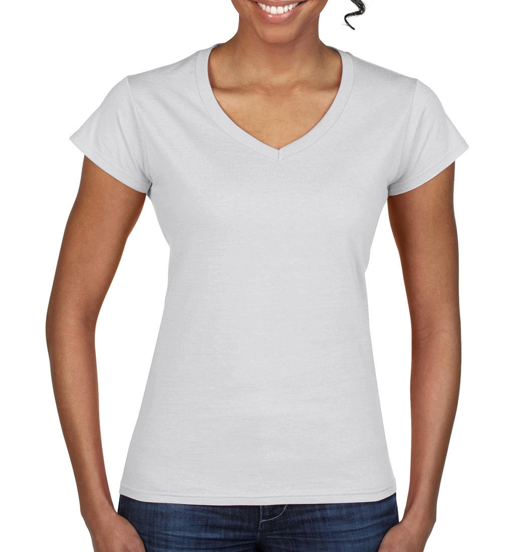 Ladies` Softstyle® V-Neck T-Shirt zum Besticken und Bedrucken in der Farbe White mit Ihren Logo, Schriftzug oder Motiv.