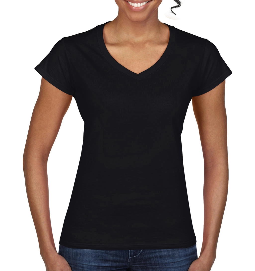 Ladies` Softstyle® V-Neck T-Shirt zum Besticken und Bedrucken in der Farbe Black mit Ihren Logo, Schriftzug oder Motiv.