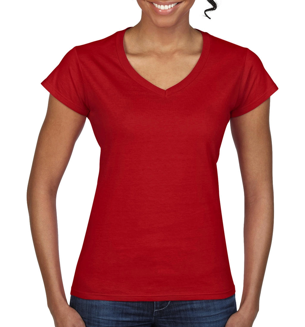 Ladies` Softstyle® V-Neck T-Shirt zum Besticken und Bedrucken in der Farbe Red mit Ihren Logo, Schriftzug oder Motiv.
