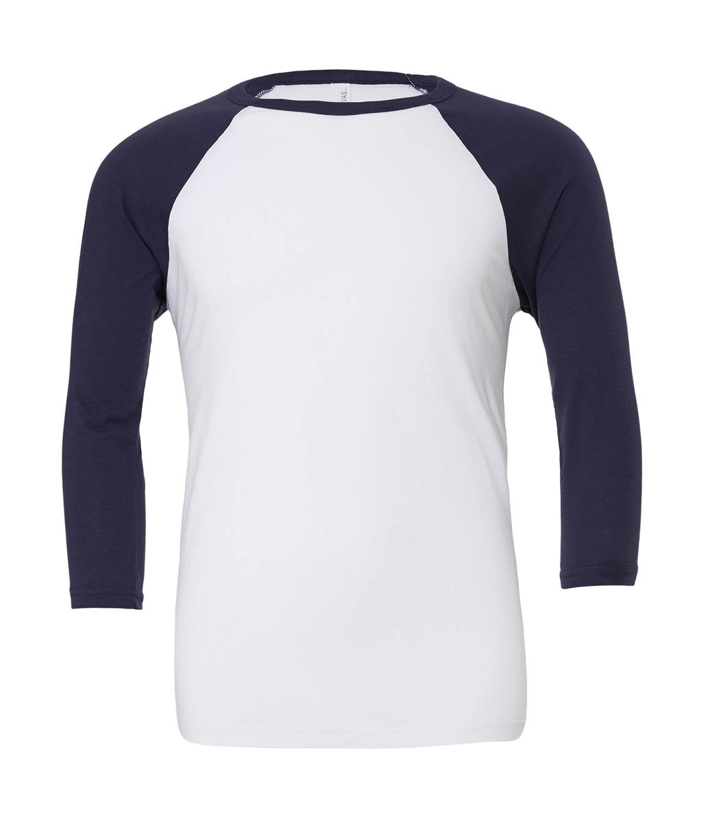 Unisex 3/4 Sleeve Baseball T-Shirt zum Besticken und Bedrucken in der Farbe White/Navy  mit Ihren Logo, Schriftzug oder Motiv.