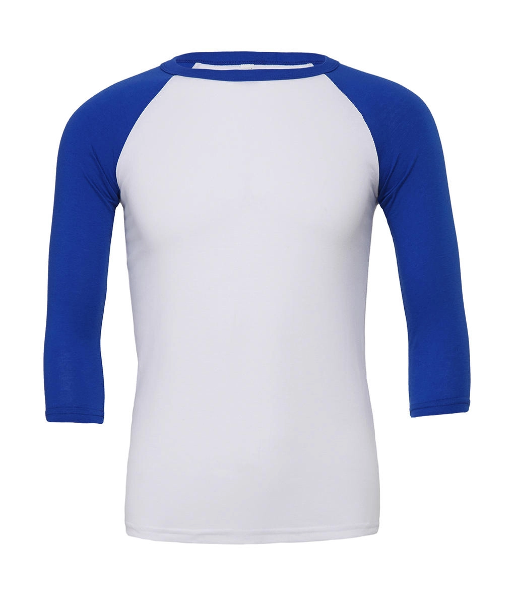 Unisex 3/4 Sleeve Baseball T-Shirt zum Besticken und Bedrucken in der Farbe White/True Royal mit Ihren Logo, Schriftzug oder Motiv.