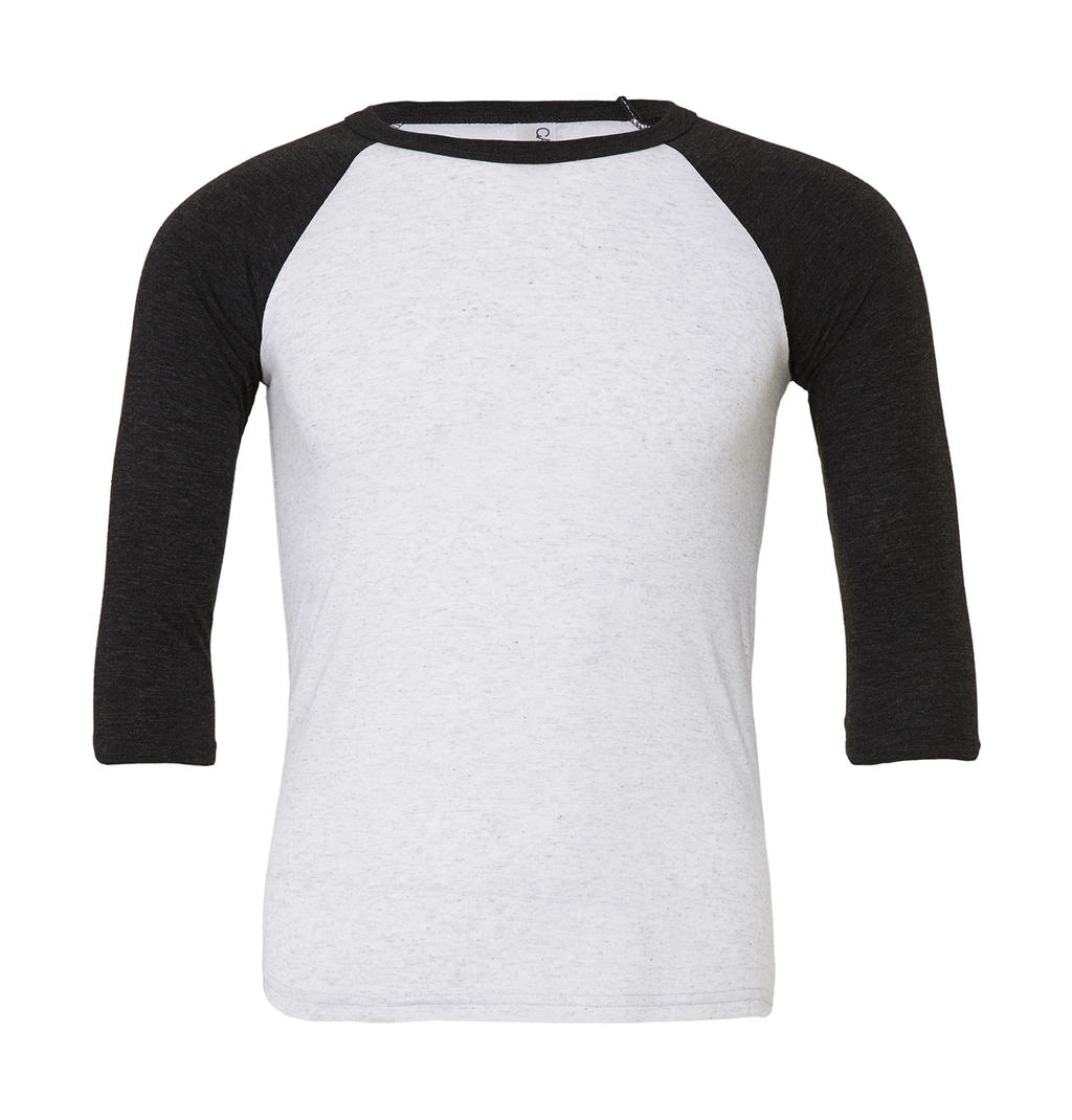Unisex 3/4 Sleeve Baseball T-Shirt zum Besticken und Bedrucken in der Farbe White Fleck/Charcoal-Black Triblend mit Ihren Logo, Schriftzug oder Motiv.