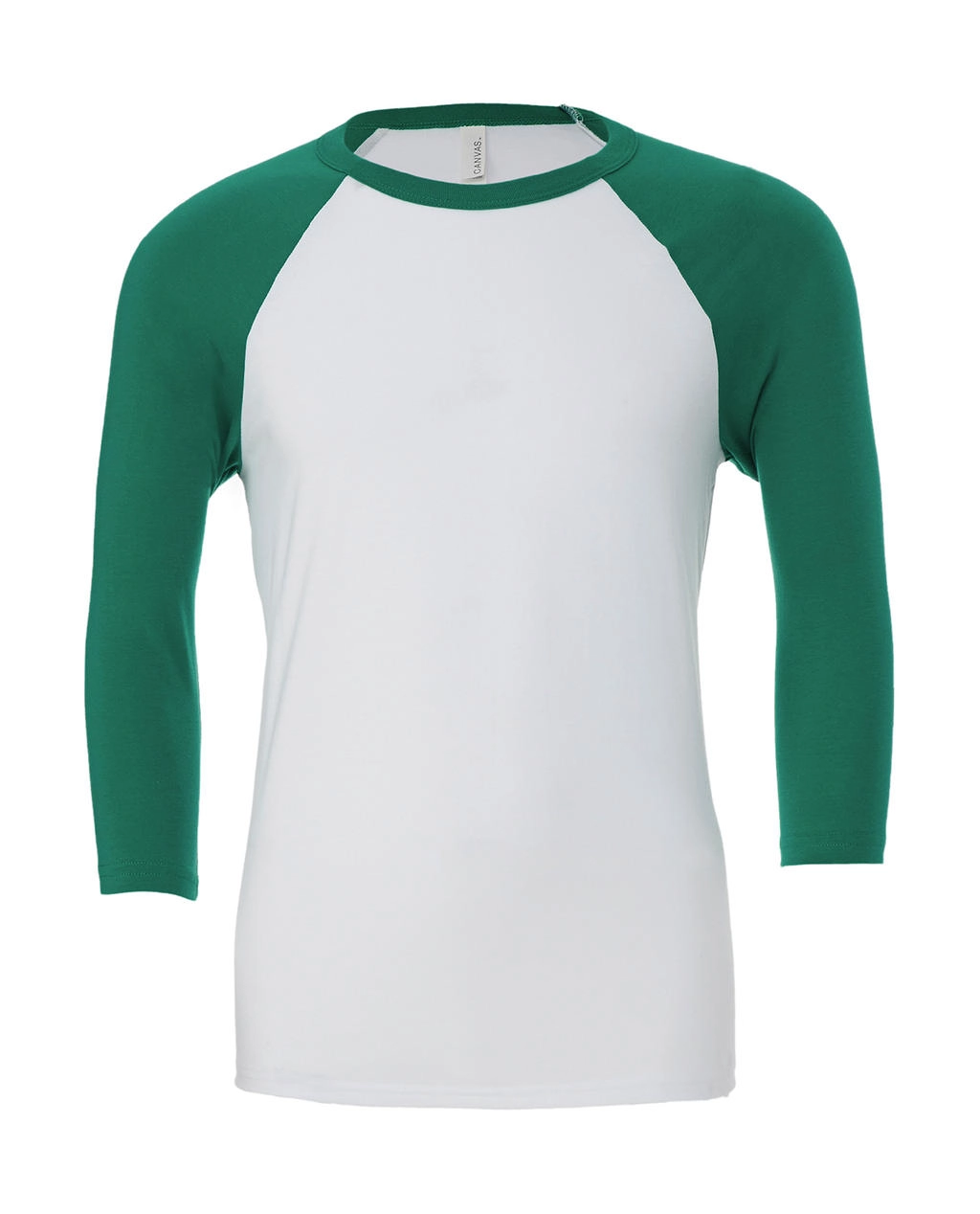 Unisex 3/4 Sleeve Baseball T-Shirt zum Besticken und Bedrucken in der Farbe White/Kelly Green mit Ihren Logo, Schriftzug oder Motiv.