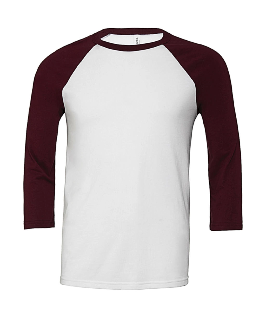 Unisex 3/4 Sleeve Baseball T-Shirt zum Besticken und Bedrucken in der Farbe White/Maroon mit Ihren Logo, Schriftzug oder Motiv.