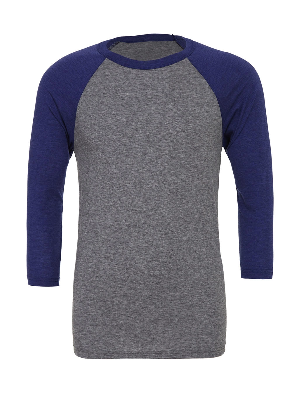 Unisex 3/4 Sleeve Baseball T-Shirt zum Besticken und Bedrucken in der Farbe Grey/Navy Triblend mit Ihren Logo, Schriftzug oder Motiv.