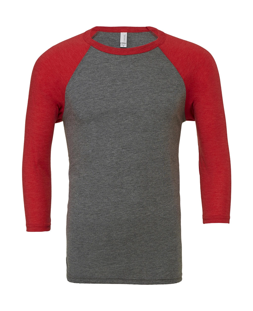 Unisex 3/4 Sleeve Baseball T-Shirt zum Besticken und Bedrucken in der Farbe Grey/Red Triblend mit Ihren Logo, Schriftzug oder Motiv.