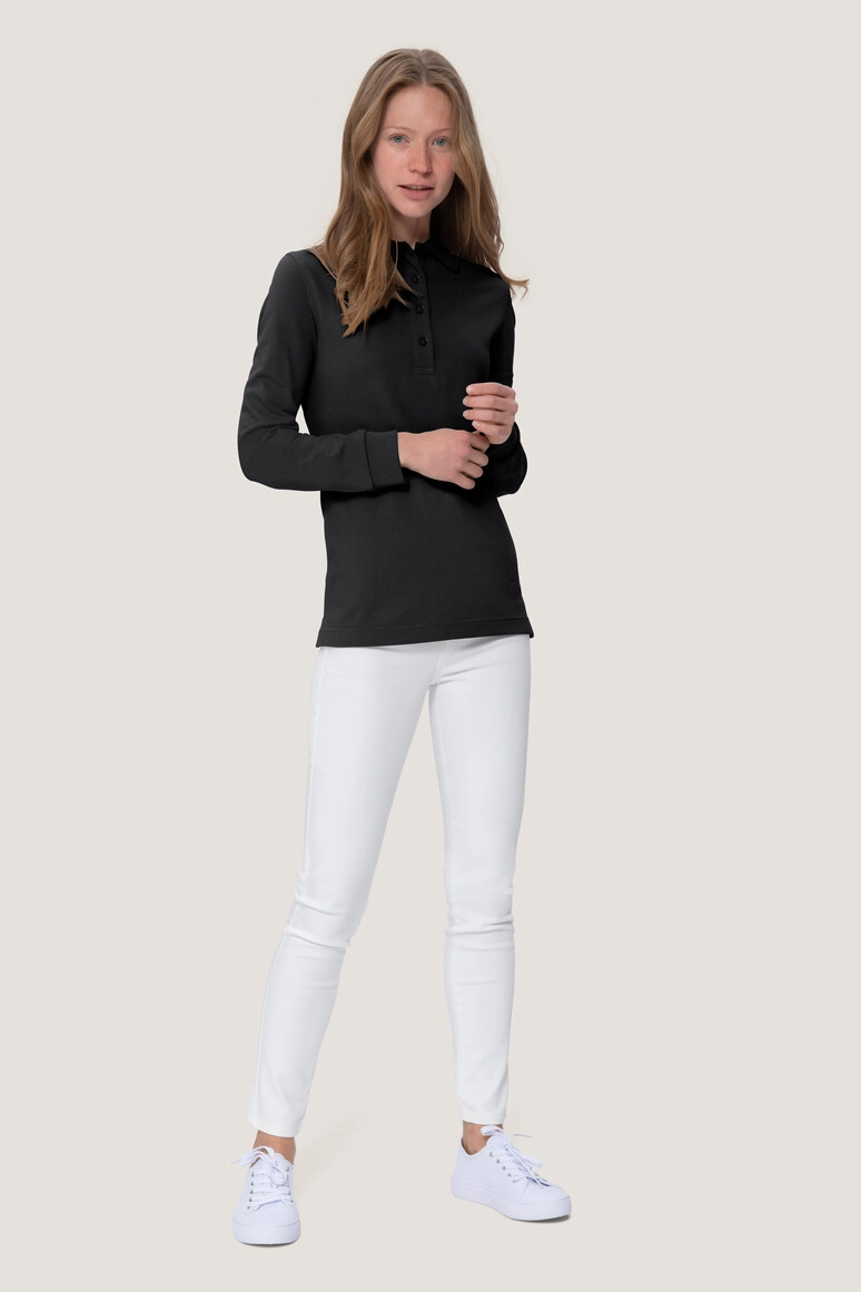 HAKRO Damen Longsleeve-Poloshirt Mikralinar® zum Besticken und Bedrucken in der Farbe Schwarz mit Ihren Logo, Schriftzug oder Motiv.