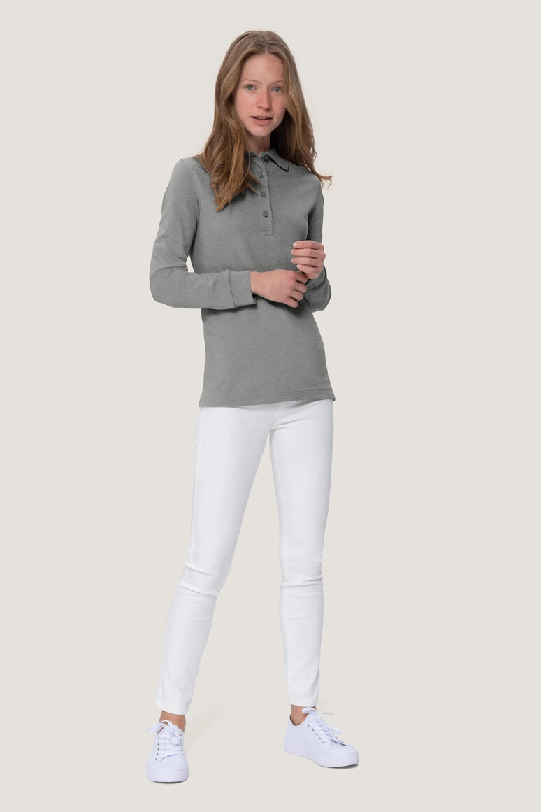 HAKRO Damen Longsleeve-Poloshirt Mikralinar® zum Besticken und Bedrucken in der Farbe Grau meliert mit Ihren Logo, Schriftzug oder Motiv.