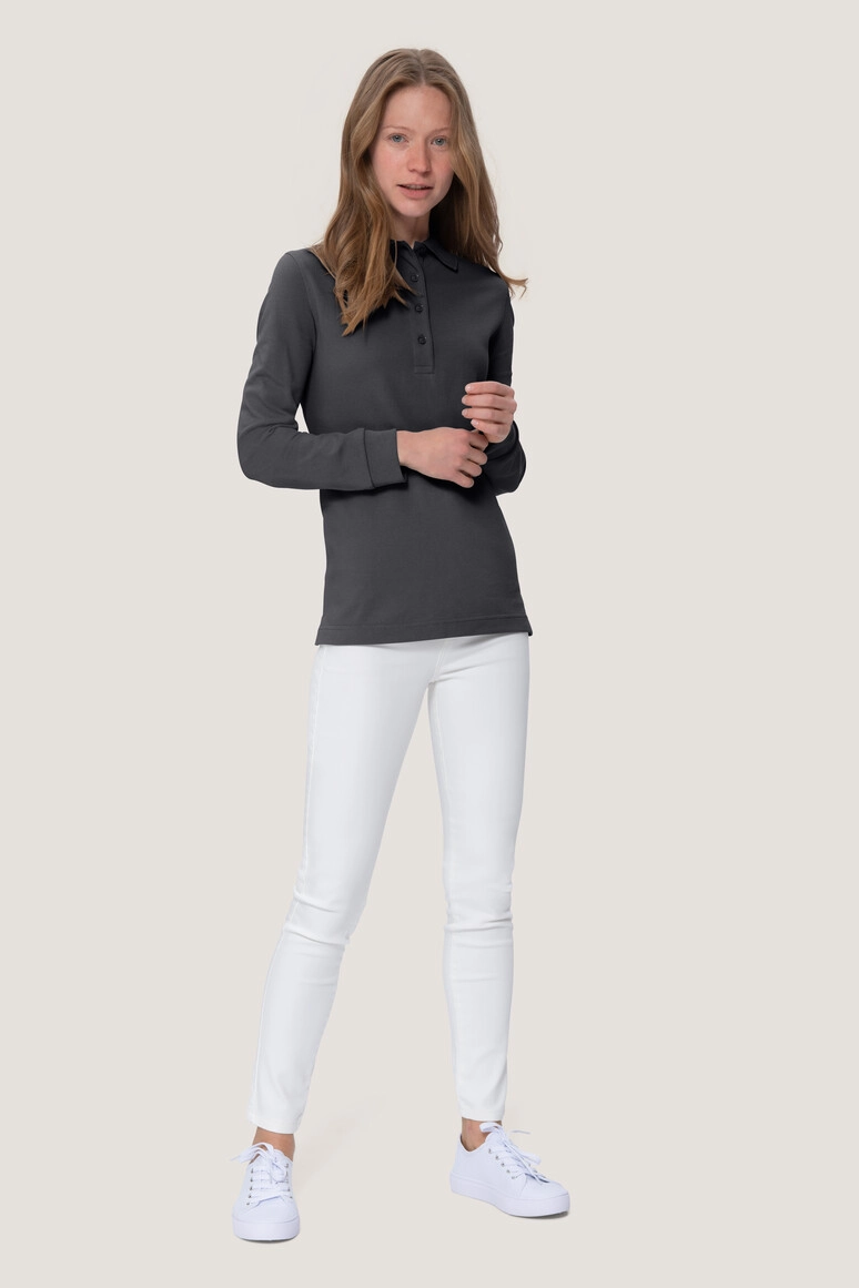 HAKRO Damen Longsleeve-Poloshirt Mikralinar® zum Besticken und Bedrucken in der Farbe Karbongrau mit Ihren Logo, Schriftzug oder Motiv.