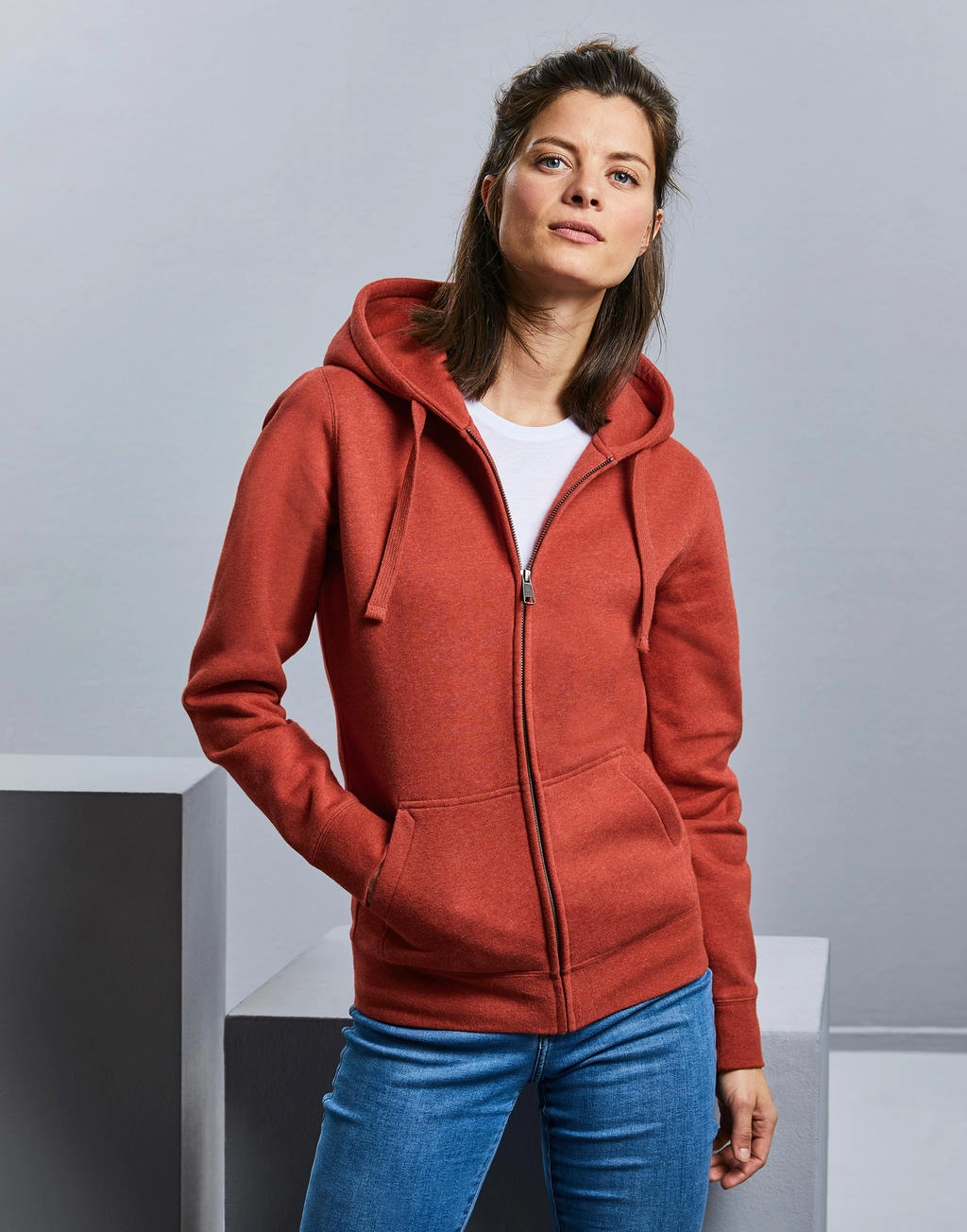Ladies` Authentic Melange Zipped Hood Sweat zum Besticken und Bedrucken mit Ihren Logo, Schriftzug oder Motiv.