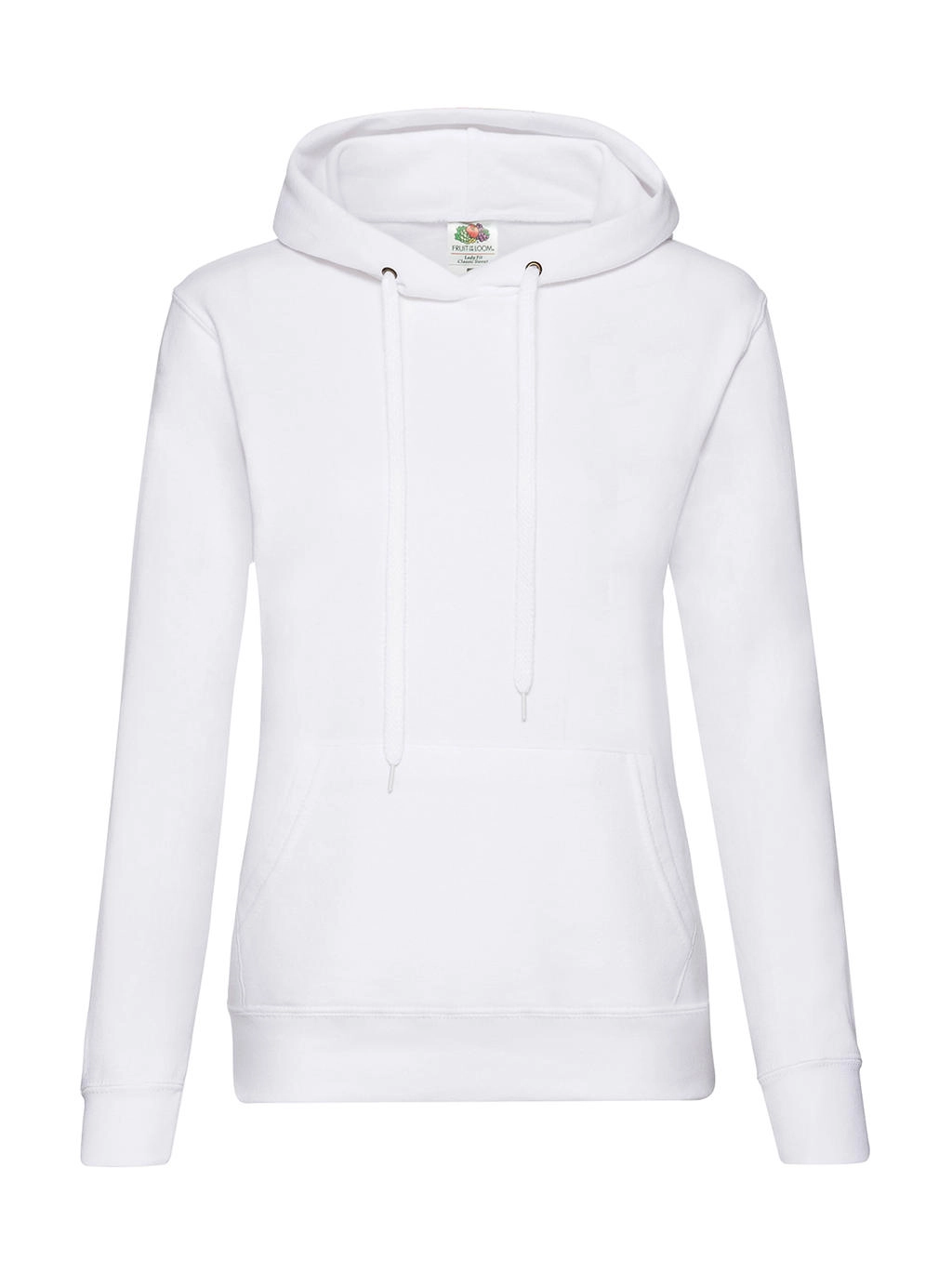 Ladies` Classic Hooded Sweat zum Besticken und Bedrucken in der Farbe White mit Ihren Logo, Schriftzug oder Motiv.