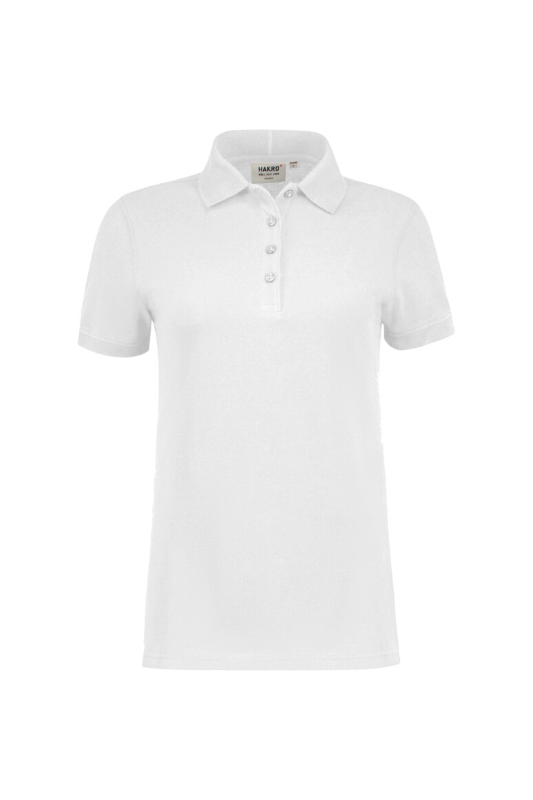 HAKRO Damen Poloshirt Bio-Baumwolle GOTS zum Besticken und Bedrucken in der Farbe Weiß mit Ihren Logo, Schriftzug oder Motiv.