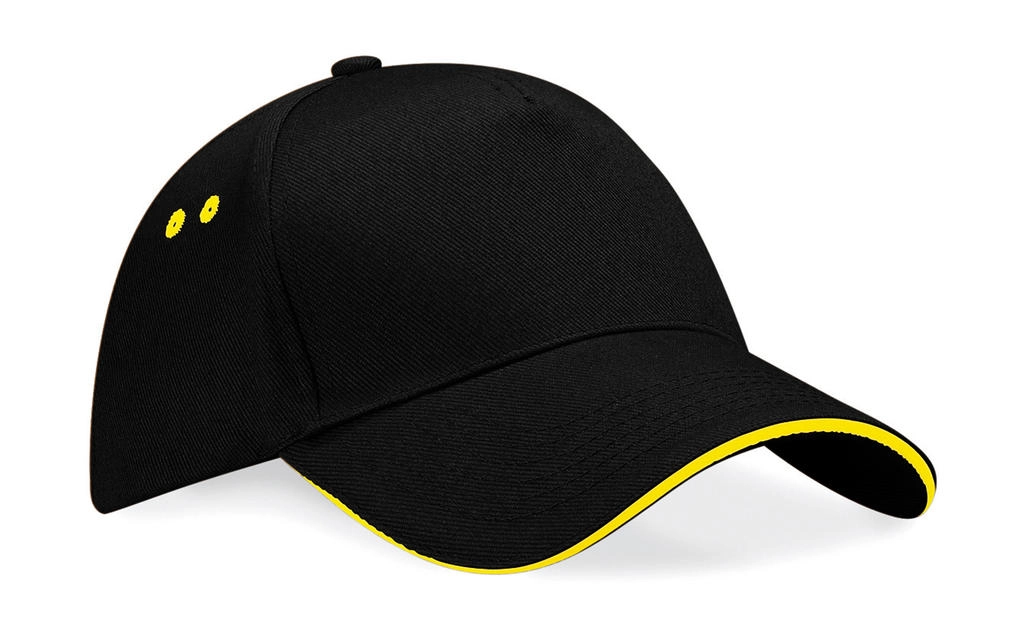 Ultimate 5 Panel Cap - Sandwich Peak zum Besticken und Bedrucken in der Farbe Black/Yellow mit Ihren Logo, Schriftzug oder Motiv.