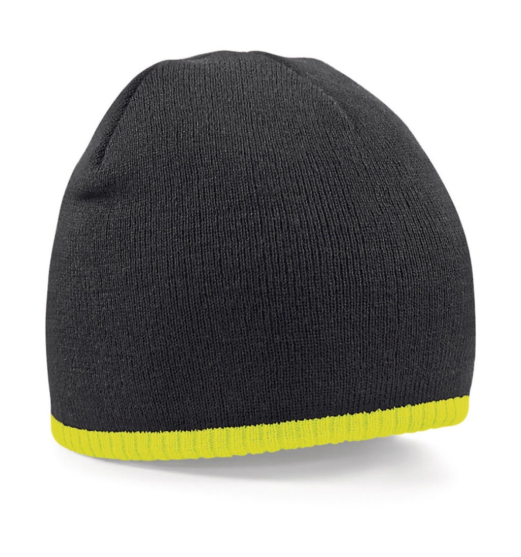 Two-Tone Beanie Knitted Hat zum Besticken und Bedrucken in der Farbe Black/Fluorescent Yellow mit Ihren Logo, Schriftzug oder Motiv.