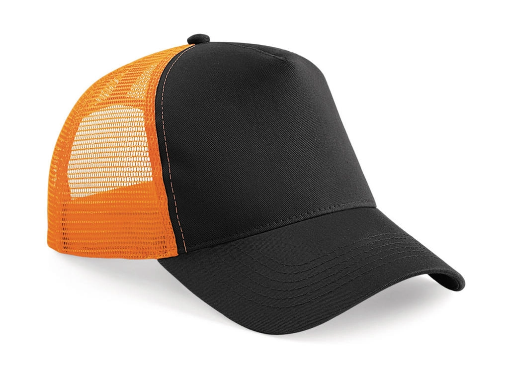 Snapback Trucker zum Besticken und Bedrucken in der Farbe Black/Orange mit Ihren Logo, Schriftzug oder Motiv.