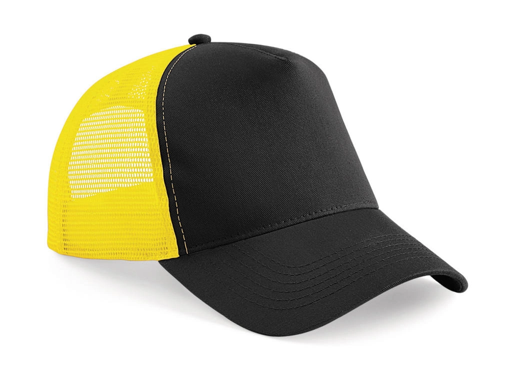 Snapback Trucker zum Besticken und Bedrucken in der Farbe Black/Yellow mit Ihren Logo, Schriftzug oder Motiv.