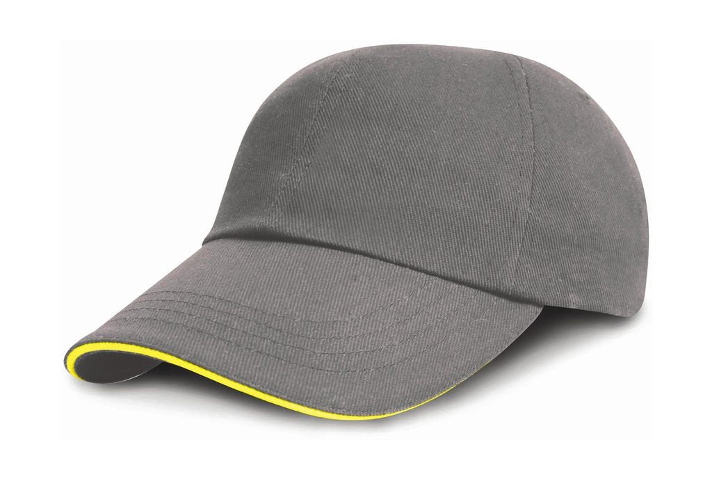 Junior Brushed Cotton Cap zum Besticken und Bedrucken in der Farbe Grey/Yellow mit Ihren Logo, Schriftzug oder Motiv.