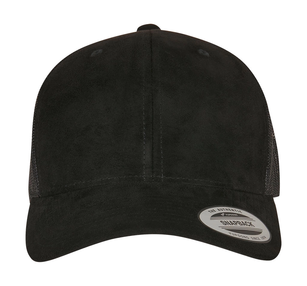 Suede Leather Trucker Cap zum Besticken und Bedrucken in der Farbe Black mit Ihren Logo, Schriftzug oder Motiv.