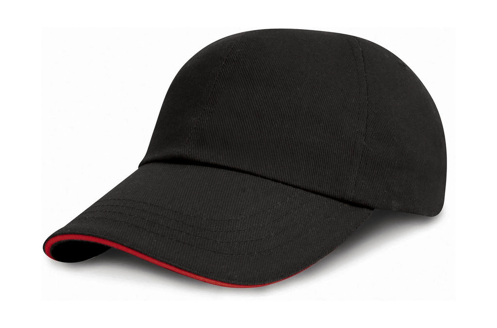 Brushed Cotton Sandwich Cap zum Besticken und Bedrucken in der Farbe Black/Red mit Ihren Logo, Schriftzug oder Motiv.
