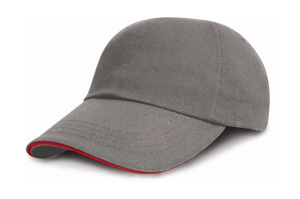 Brushed Cotton Sandwich Cap zum Besticken und Bedrucken in der Farbe Grey/Red mit Ihren Logo, Schriftzug oder Motiv.