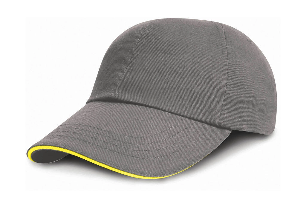 Brushed Cotton Sandwich Cap zum Besticken und Bedrucken in der Farbe Grey/Yellow mit Ihren Logo, Schriftzug oder Motiv.