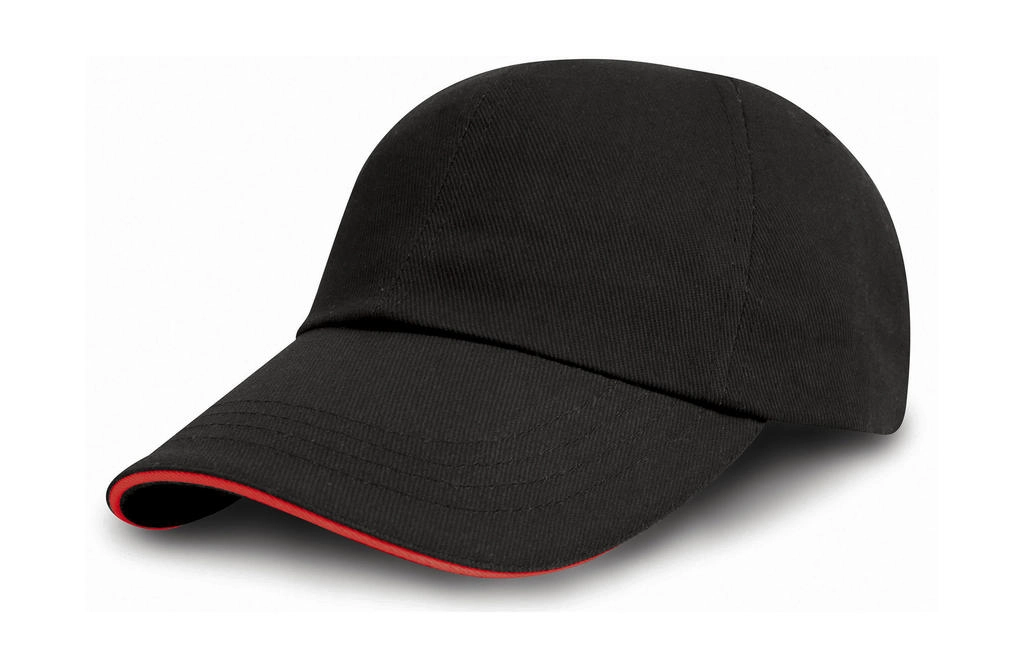 Brushed Cotton Drill Cap zum Besticken und Bedrucken in der Farbe Black/Red mit Ihren Logo, Schriftzug oder Motiv.