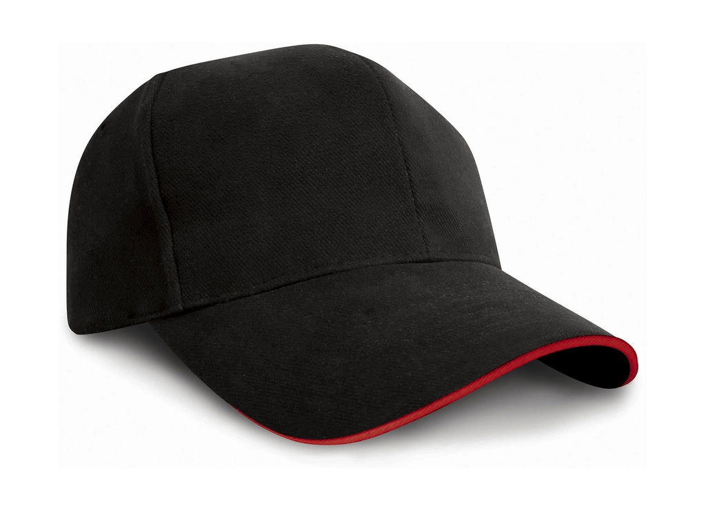 Sandwich Brushed Cotton Cap zum Besticken und Bedrucken in der Farbe Black/Red mit Ihren Logo, Schriftzug oder Motiv.