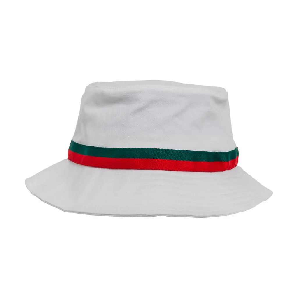 Stripe Bucket Hat zum Besticken und Bedrucken in der Farbe White/Firered/Green mit Ihren Logo, Schriftzug oder Motiv.