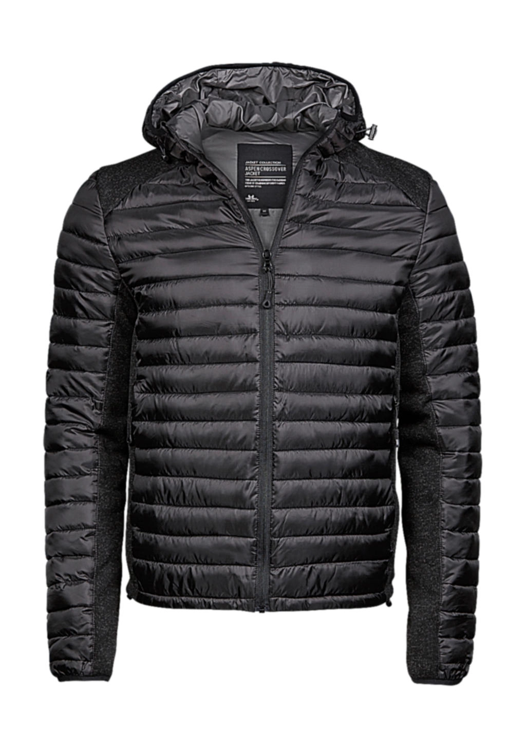 Hooded Outdoor Crossover Jacket zum Besticken und Bedrucken in der Farbe Black/Black Melange mit Ihren Logo, Schriftzug oder Motiv.