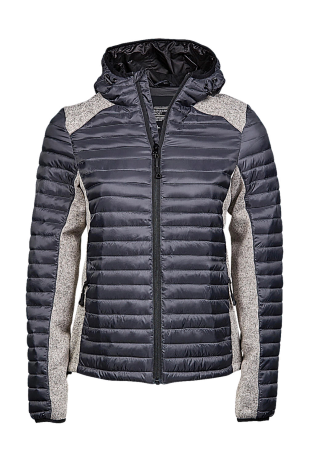 Ladies` Hooded Outdoor Crossover Jacket zum Besticken und Bedrucken in der Farbe Space Grey/Grey Melange mit Ihren Logo, Schriftzug oder Motiv.