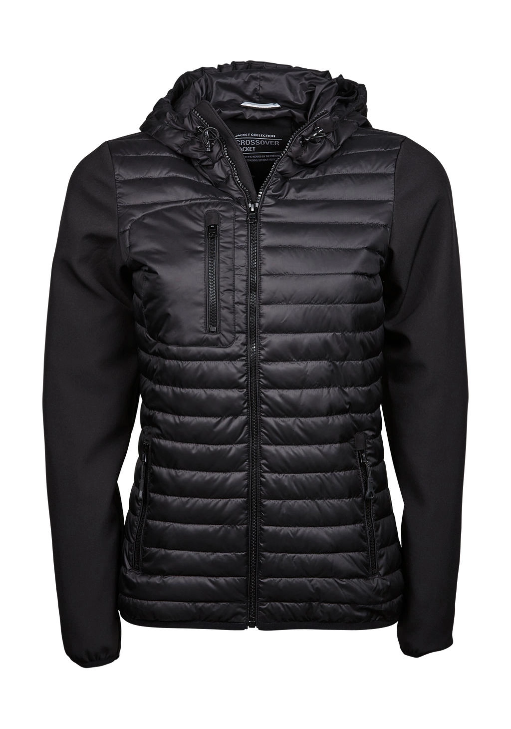 Ladies` Hooded Crossover Jacket zum Besticken und Bedrucken in der Farbe Black mit Ihren Logo, Schriftzug oder Motiv.