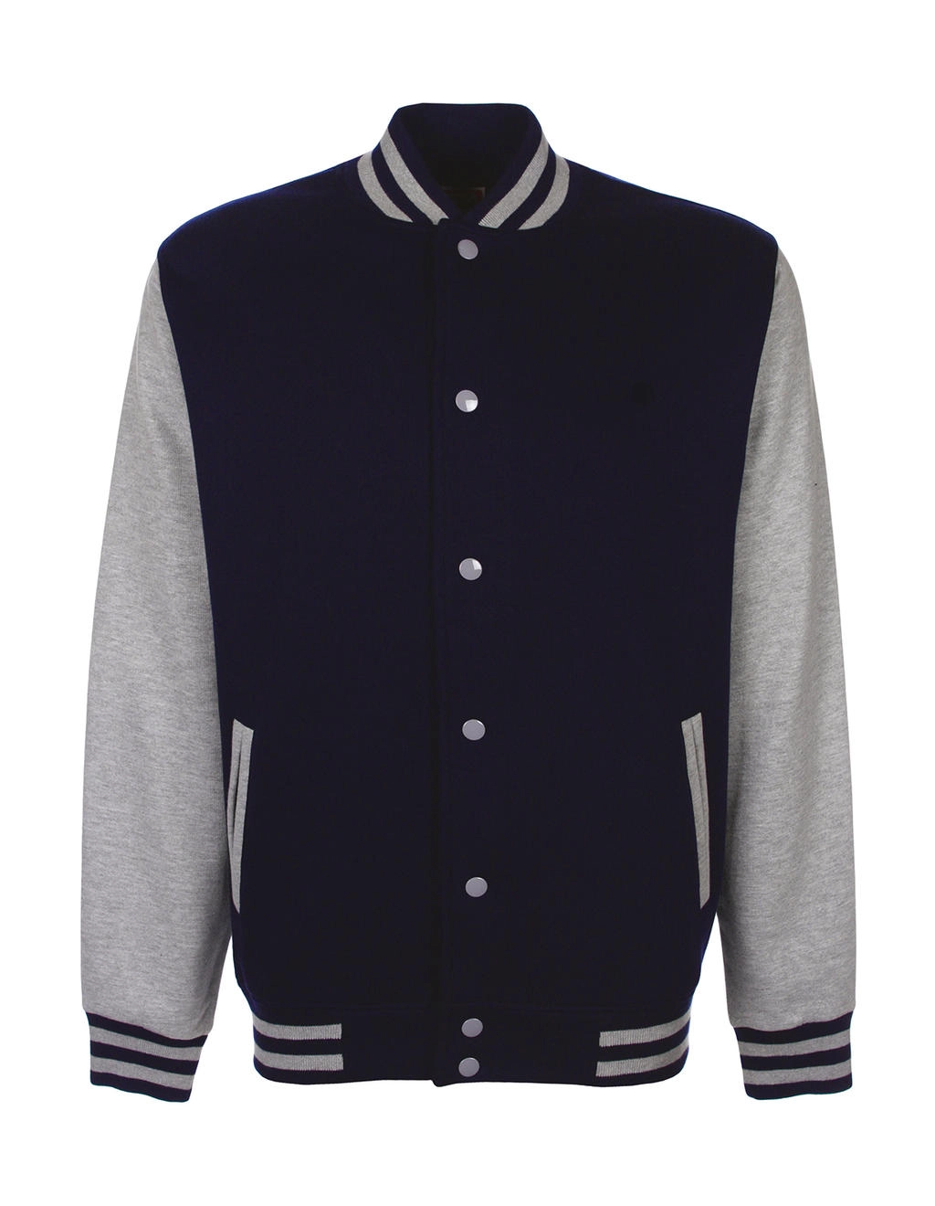 Varsity Jacket zum Besticken und Bedrucken in der Farbe Navy/Sport Grey mit Ihren Logo, Schriftzug oder Motiv.