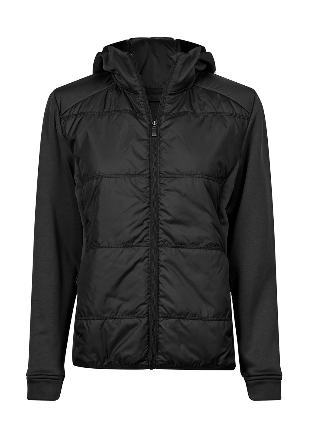 Womens Hybrid-Stretch Hooded Jacket zum Besticken und Bedrucken in der Farbe Black/Black mit Ihren Logo, Schriftzug oder Motiv.