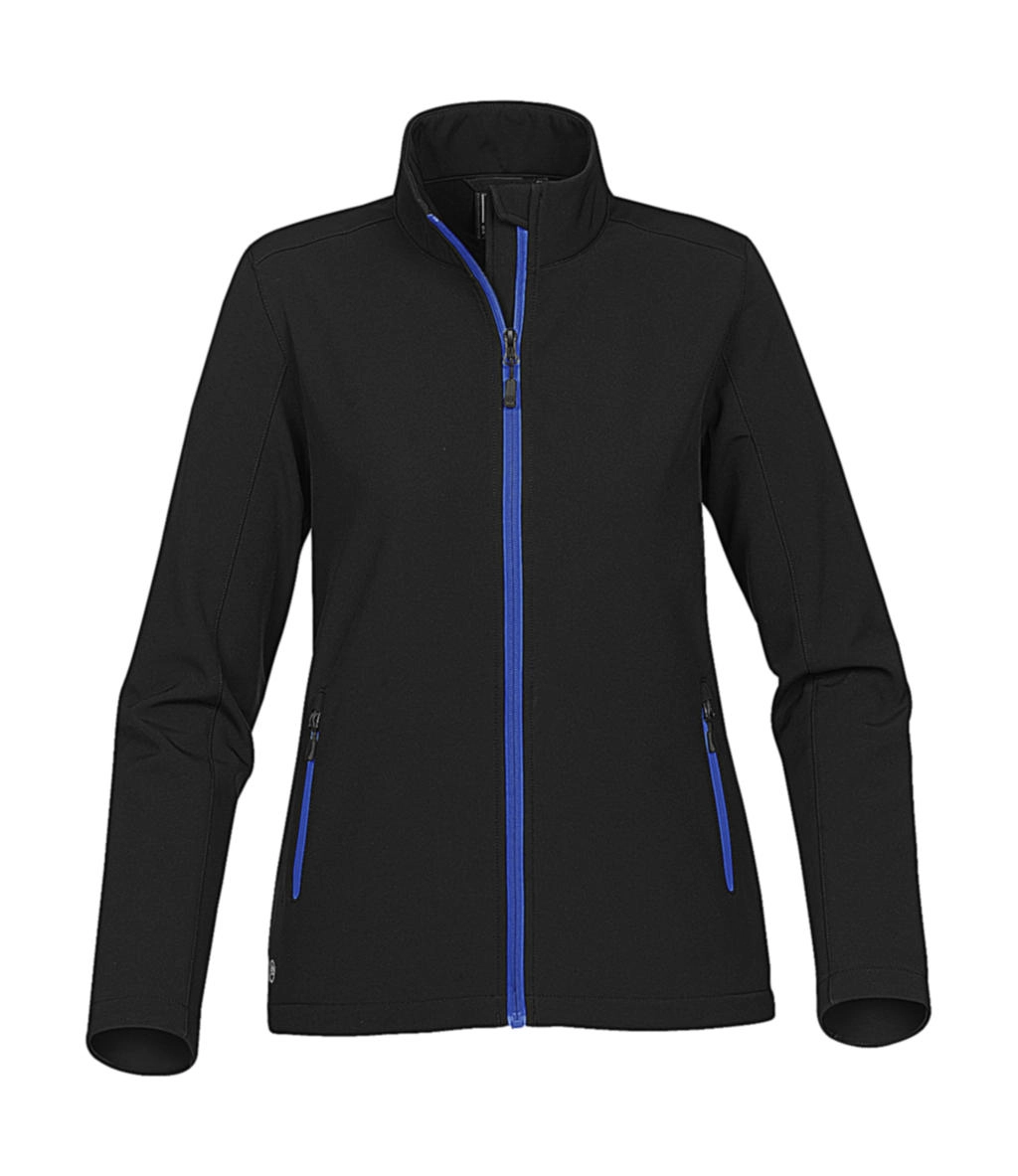 Women`s Orbiter Softshell Jacket zum Besticken und Bedrucken in der Farbe Black/Azure mit Ihren Logo, Schriftzug oder Motiv.
