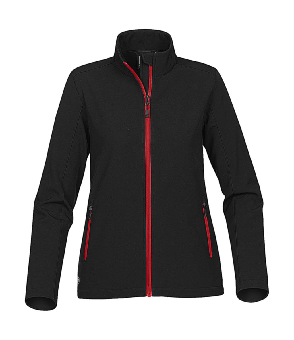 Women`s Orbiter Softshell Jacket zum Besticken und Bedrucken in der Farbe Black/Bright Red mit Ihren Logo, Schriftzug oder Motiv.