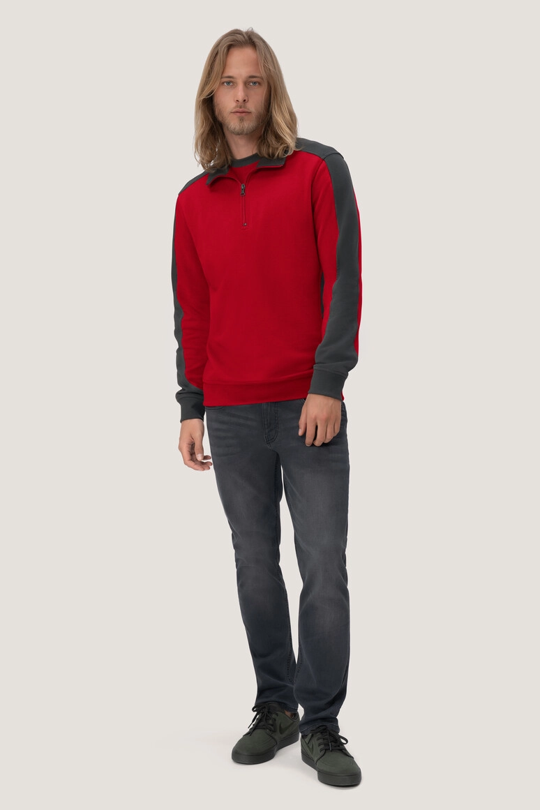 HAKRO Zip-Sweatshirt Contrast Mikralinar® zum Besticken und Bedrucken in der Farbe Rot/anthrazit mit Ihren Logo, Schriftzug oder Motiv.