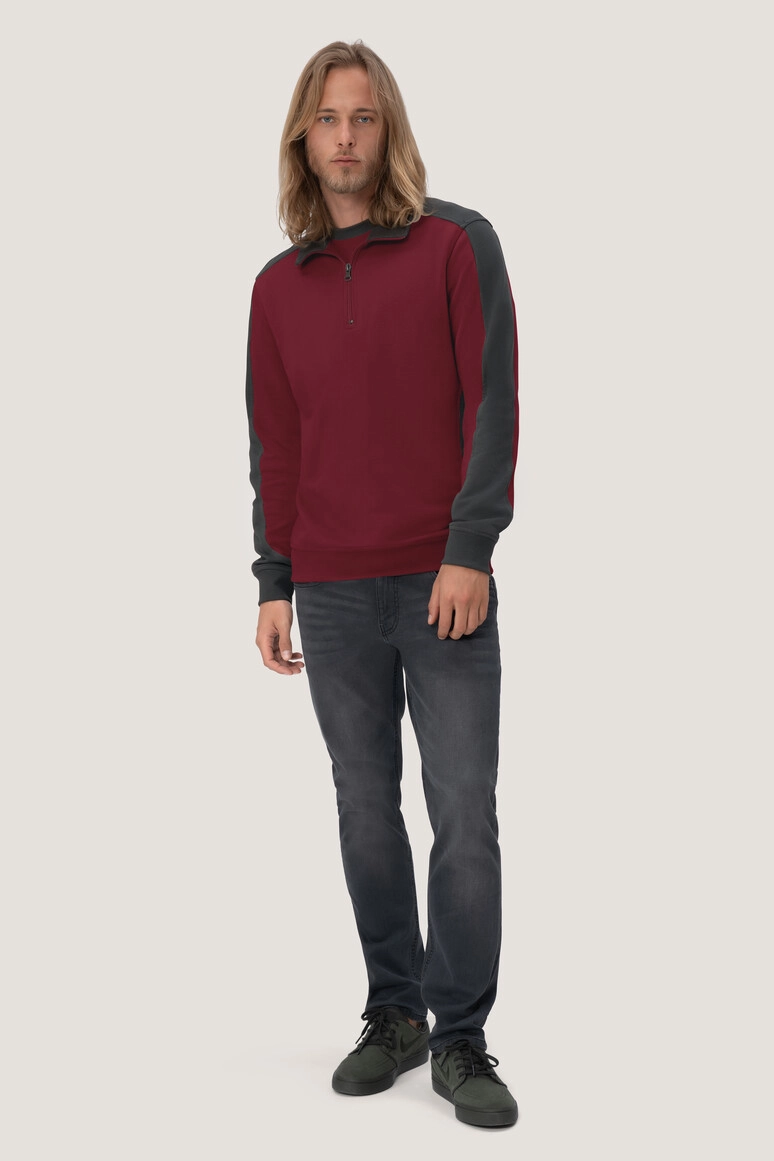 HAKRO Zip-Sweatshirt Contrast Mikralinar® zum Besticken und Bedrucken in der Farbe Weinrot/anthrazit mit Ihren Logo, Schriftzug oder Motiv.