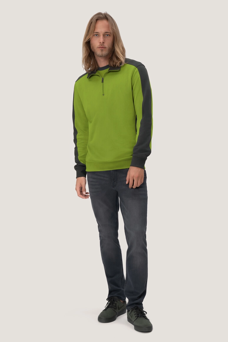 HAKRO Zip-Sweatshirt Contrast Mikralinar® zum Besticken und Bedrucken in der Farbe Kiwi/anthrazit mit Ihren Logo, Schriftzug oder Motiv.